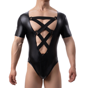 Men's Plunge Bodysuit with Criss-cross Chest Straps / Sexy Black Short Sleeve Leotard - EVE's SECRETS